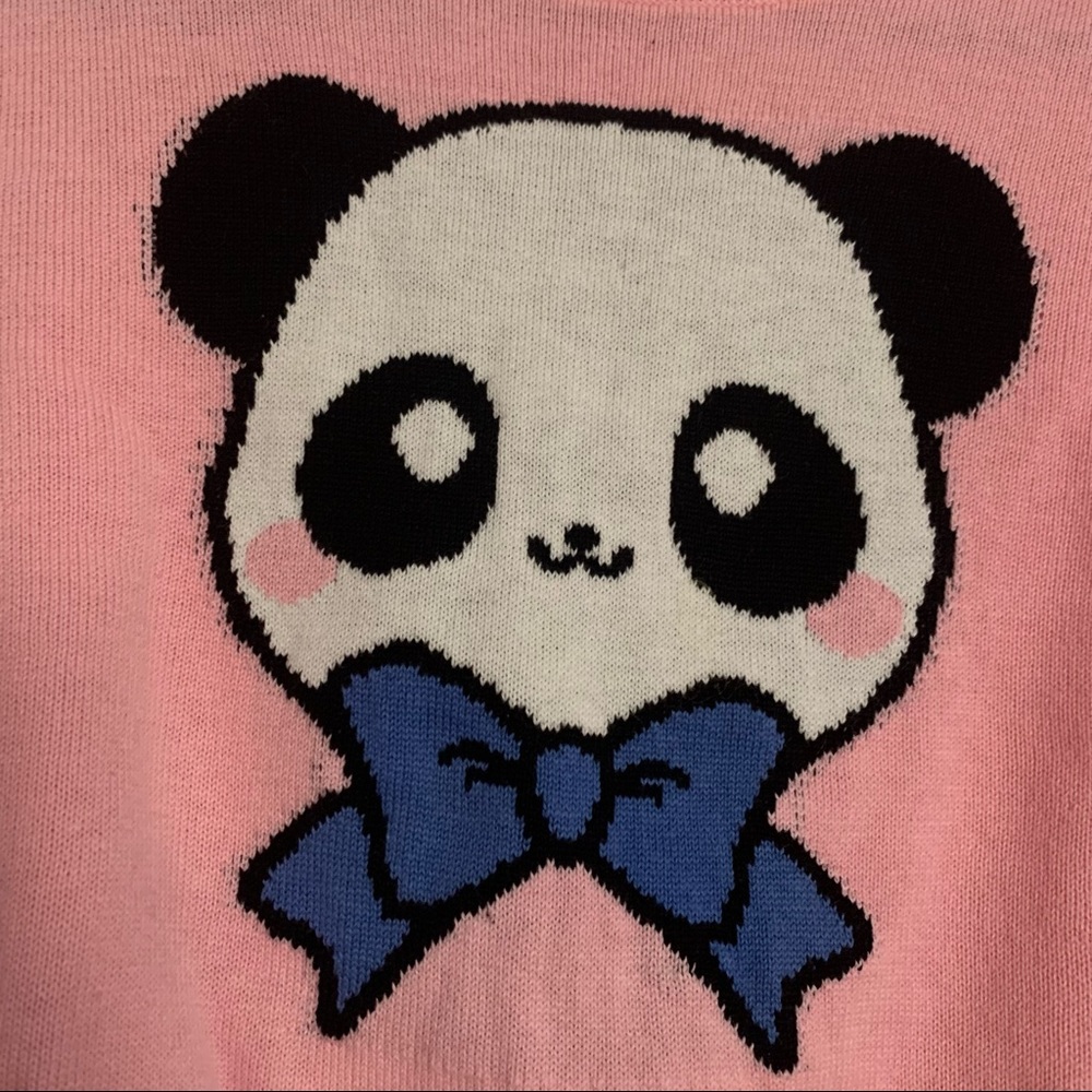 Sugar Thrillz Pink Panda Cropped Sweater with Blue Bow - Picture 2 of 4